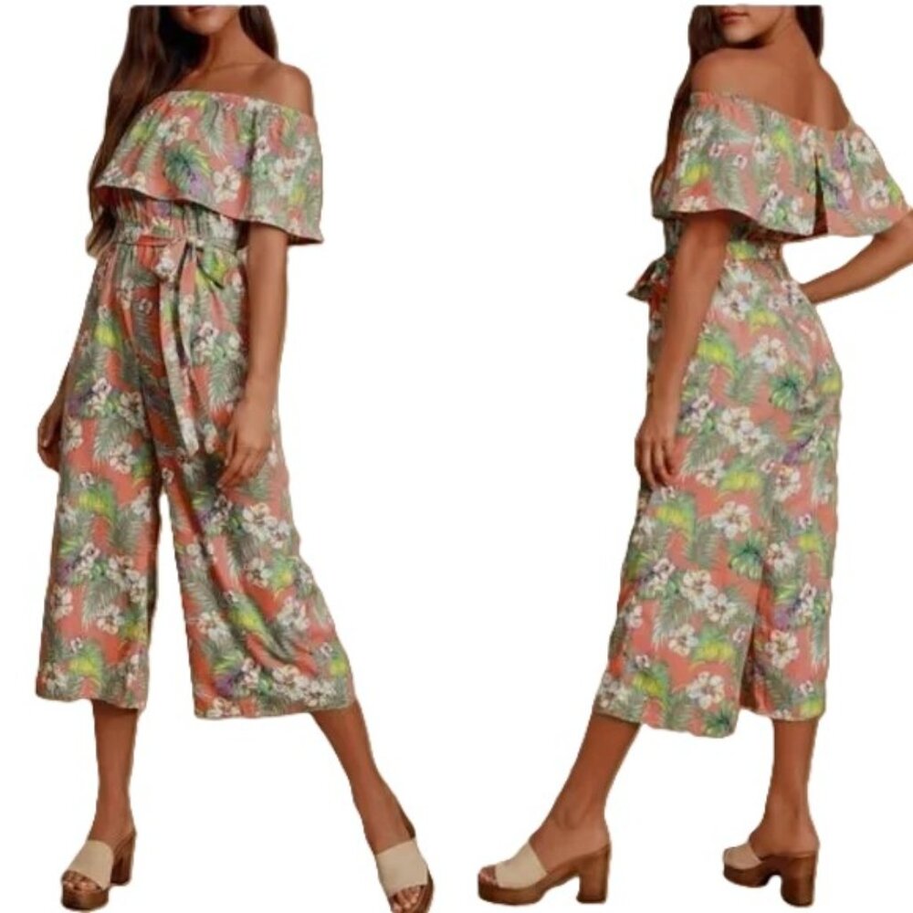 Lulu’s Jumpsuit Raquell Coral Tropical‎ Floral Off Shoulder Cropped Culotte Boho